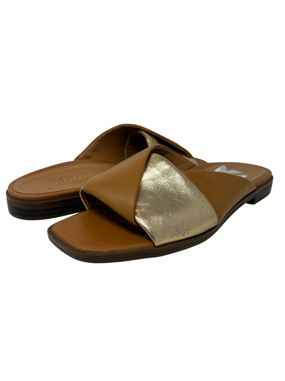 Vionic Tan and Gold Slide Sandals